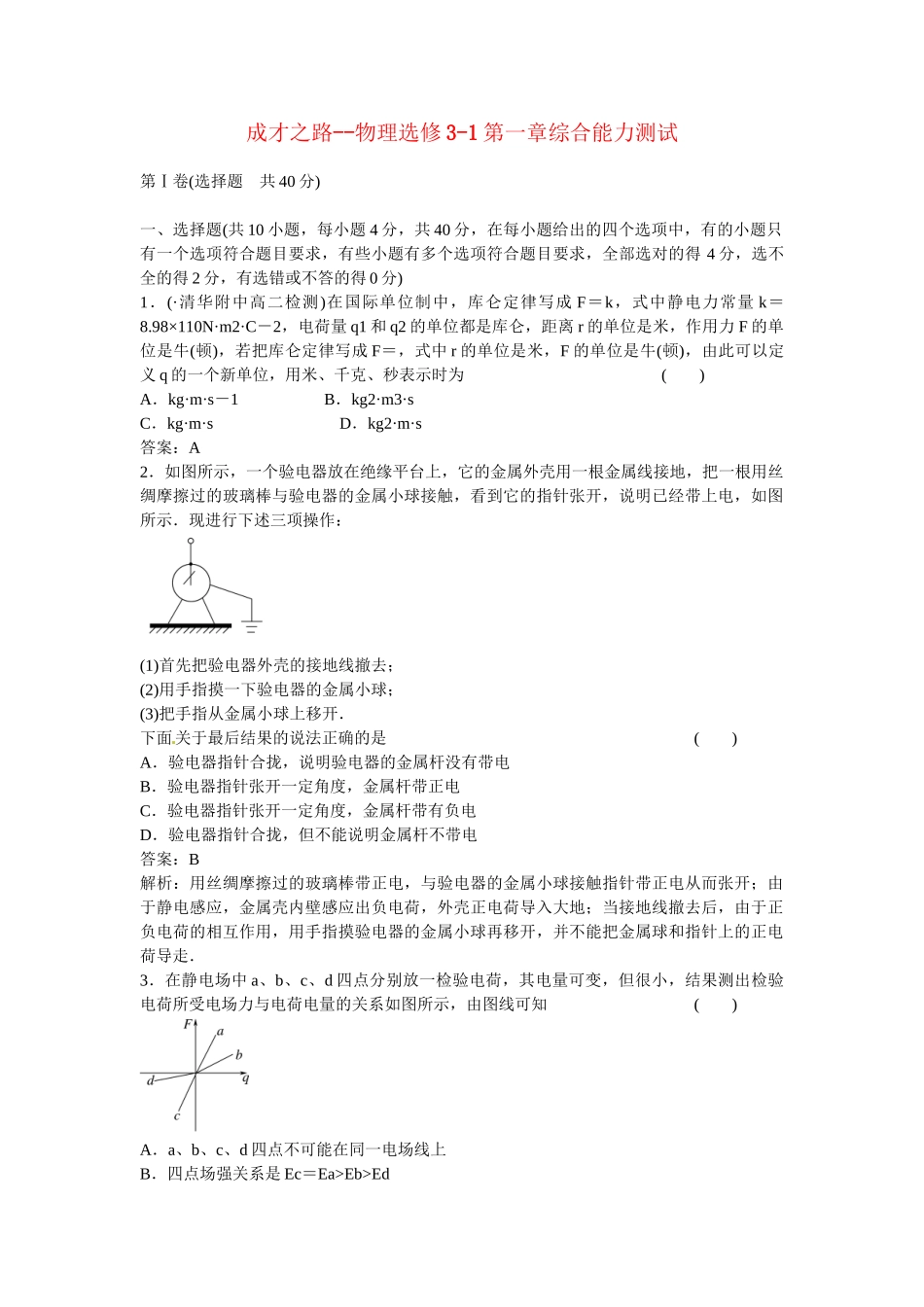 《成才之路》-高中物理 第一章综合能力测试 新人教版选修3-1_第1页