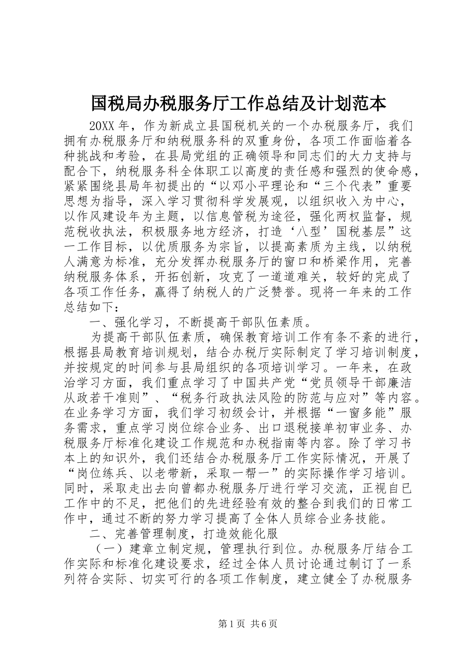 2024年国税局办税服务厅工作总结及计划范本_第1页