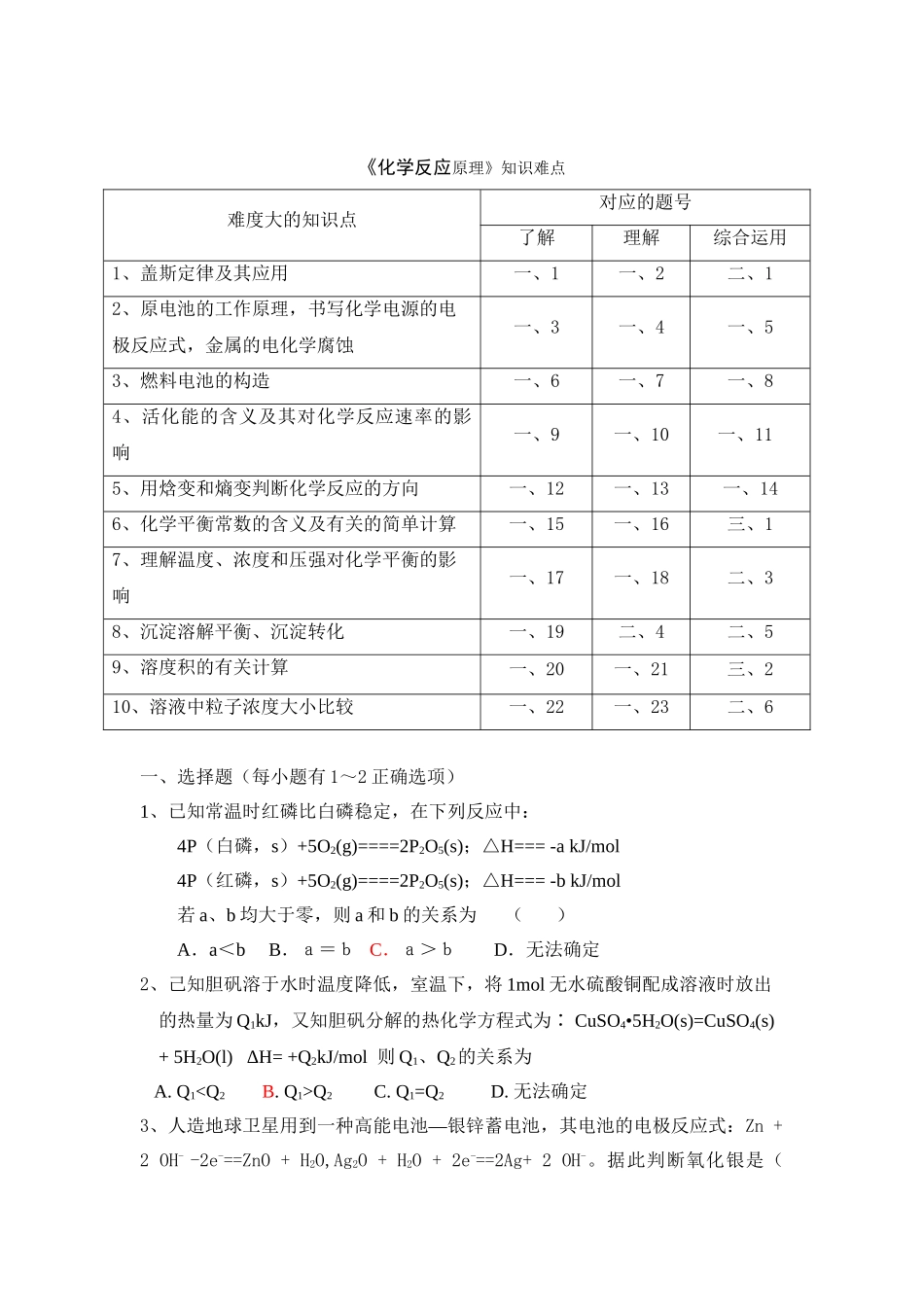 《化学反应原理》知识难点常考点试题2_第1页