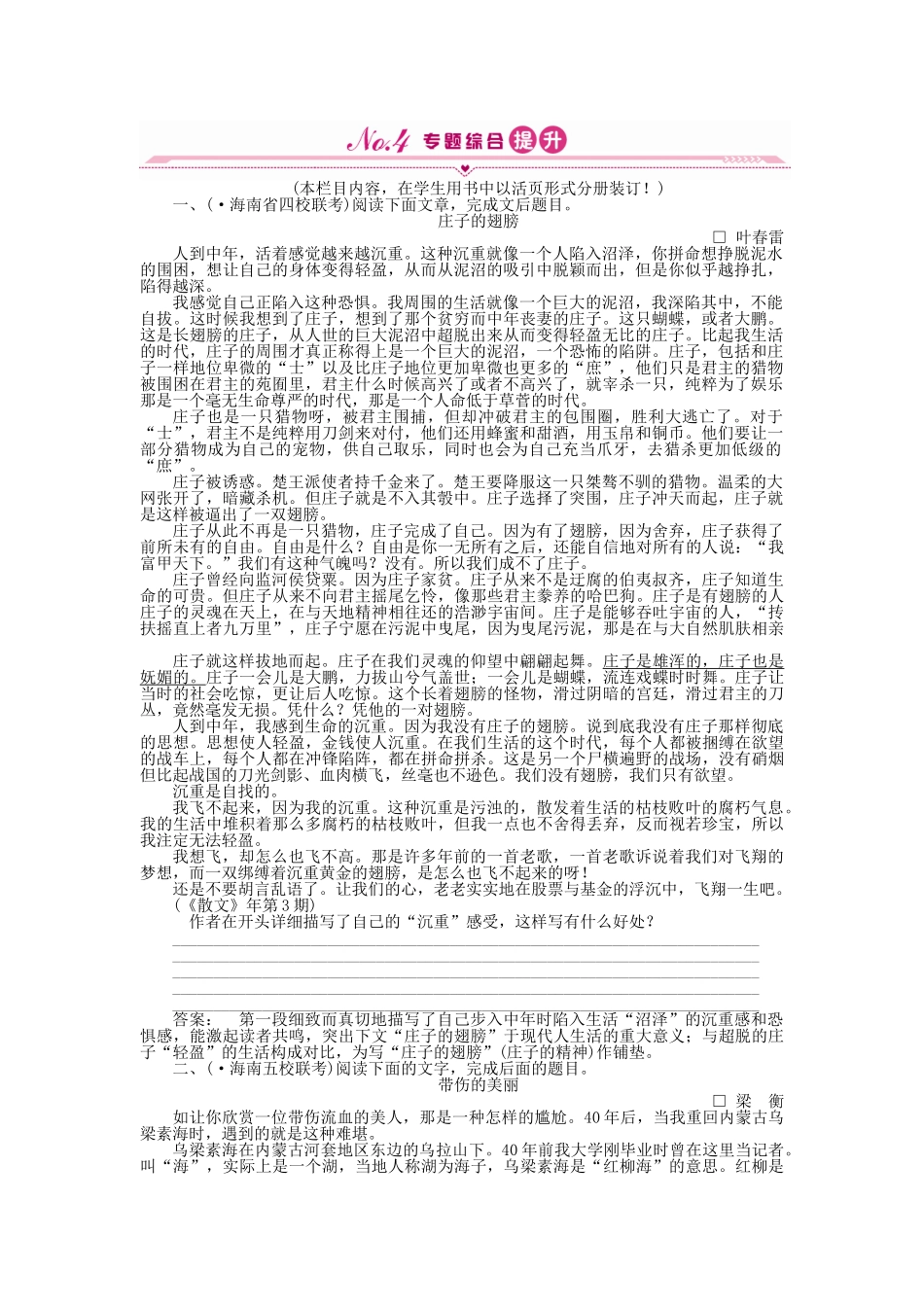 《金版新学案》高三语文一轮 第二篇第3部分 现代文阅读专题十七 第一节综合提升 新课标_第1页
