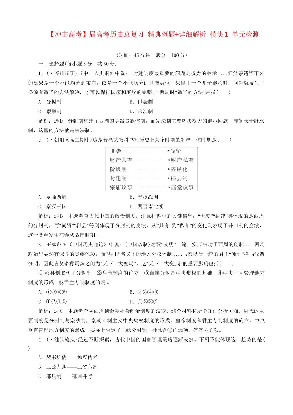 高考历史总复习 精典例题+详细解析 模块1 单元检测_第1页