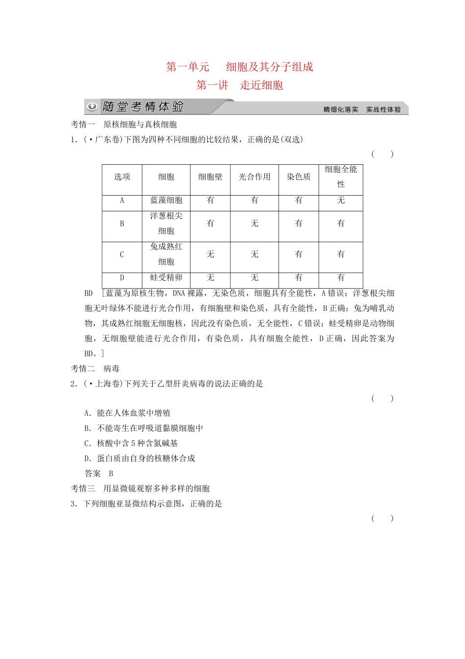 高考生物大一轮总复习 1.1 走近细胞随堂考情体验  新人教必修1_第1页