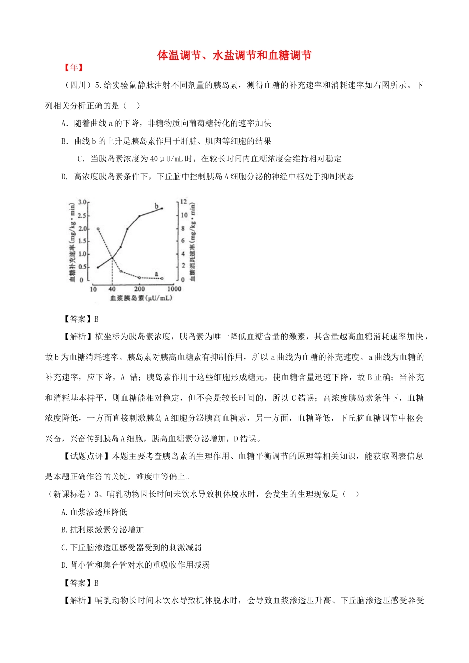 高考生物真题按知识点分类汇编 体温调节、水盐调节和血糖调节_第1页