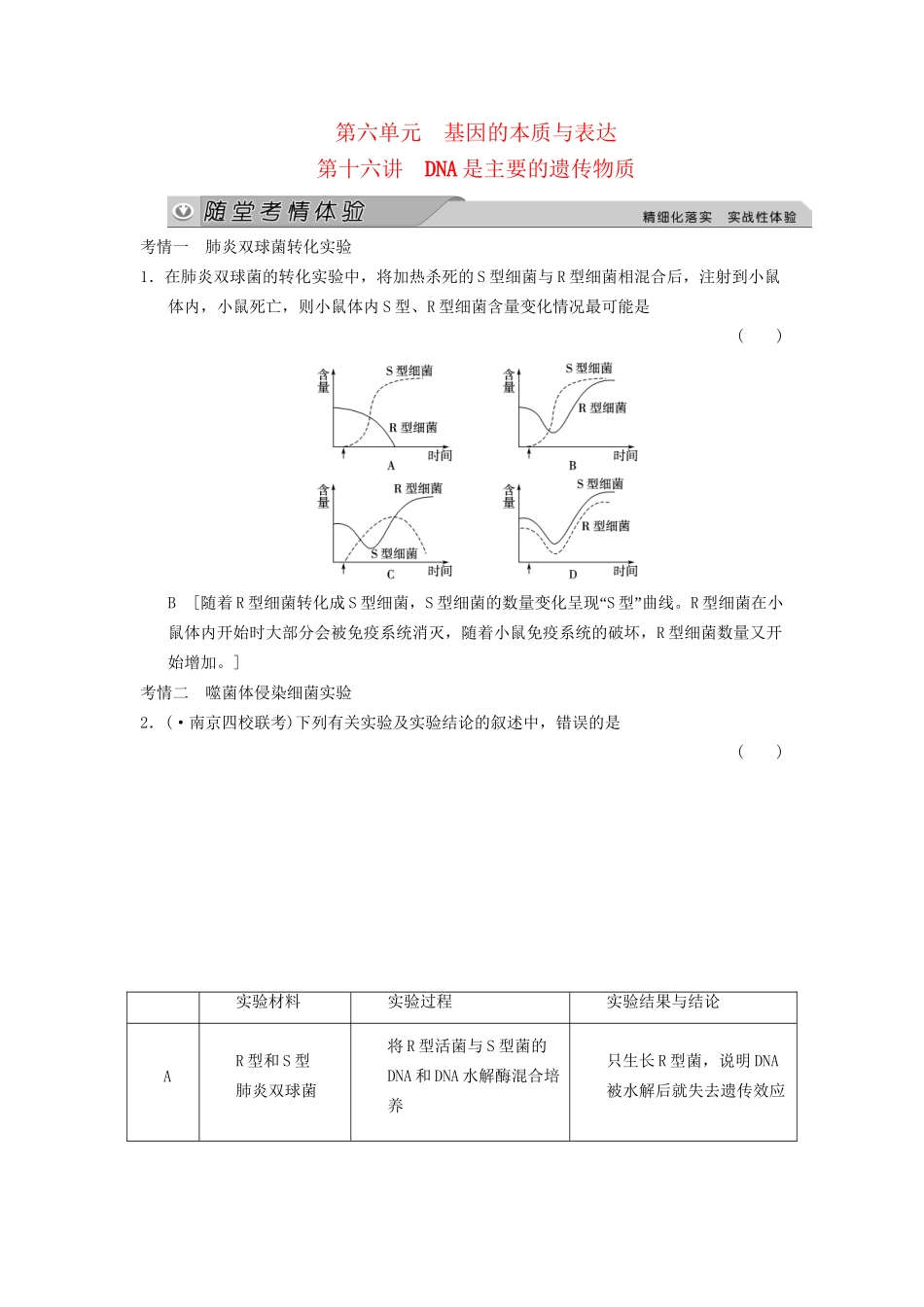 高考生物大一轮总复习 6.16 DNA是主要的遗传物质随堂考情体验 新人教必修2_第1页