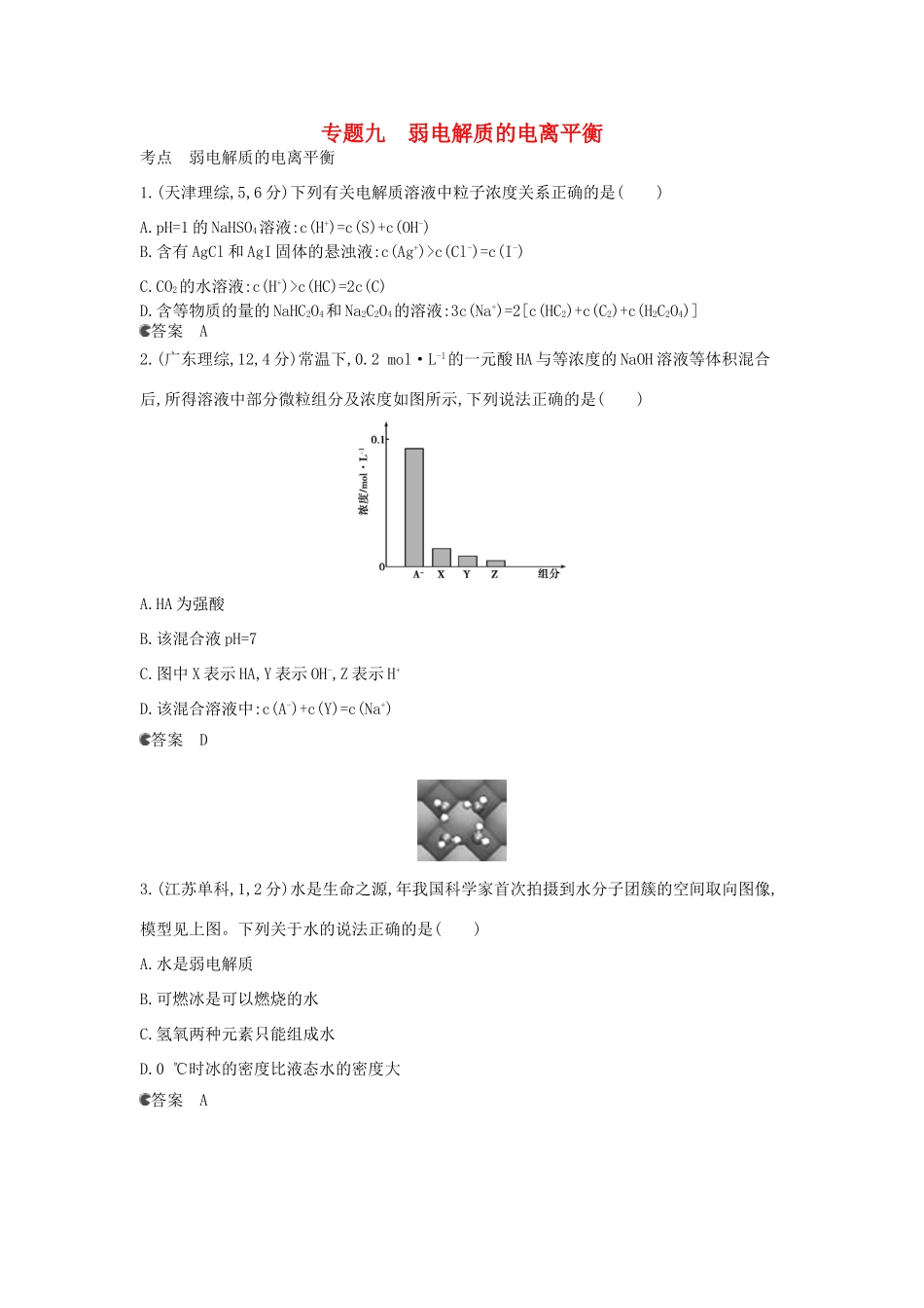 （新课标版）高考化学一轮复习 专题九 弱电解质的电离平衡试题_第1页