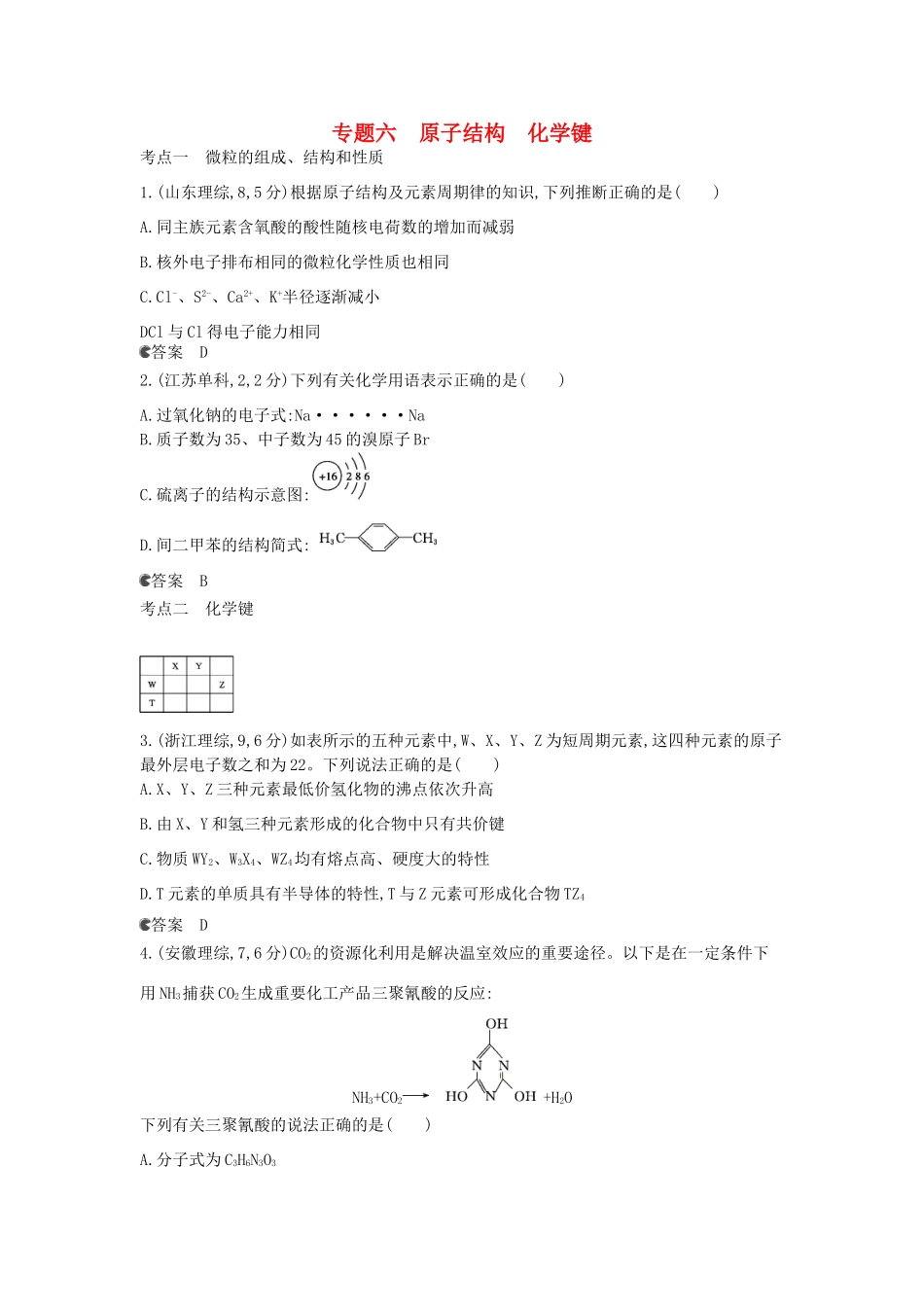 （新课标版）高考化学一轮复习 专题六 原子结构 化学键试题_第1页