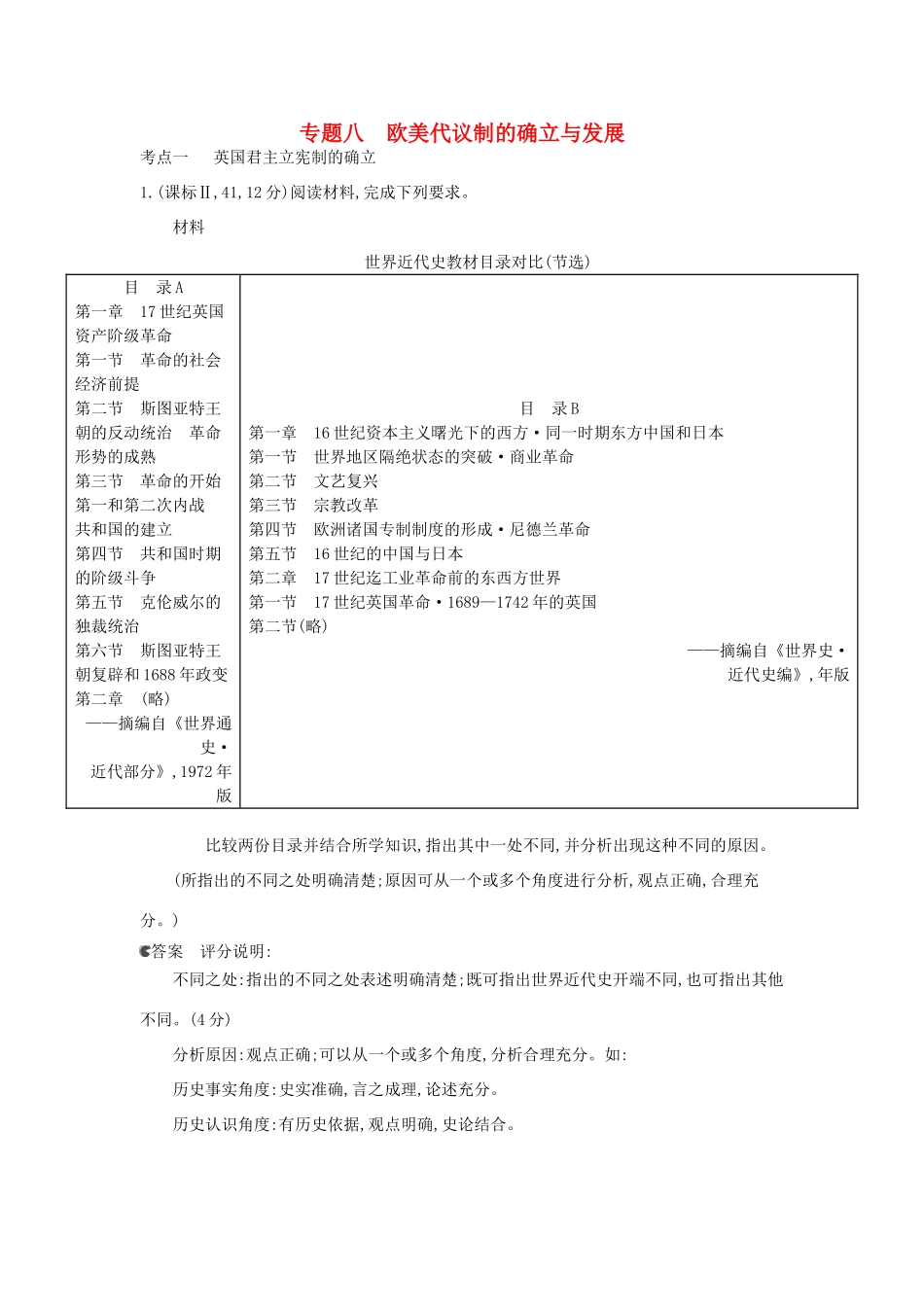 （新课标版）高考历史一轮复习 专题八欧美代议制的确立与发展汇编试题_第1页