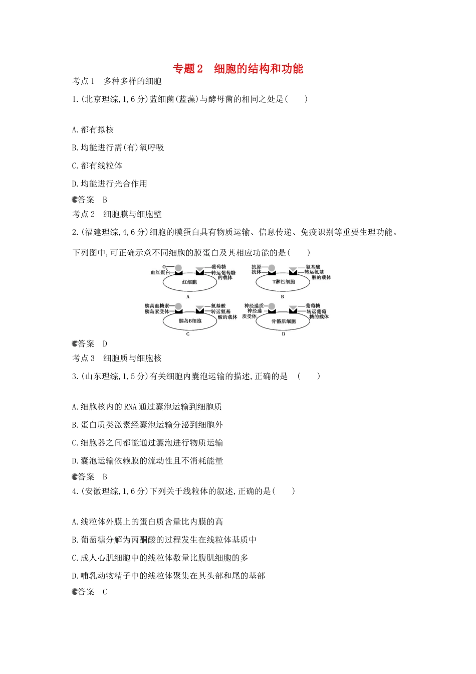（新课标版）高考生物真题分类汇编 专题2 细胞的结构和功能_第1页