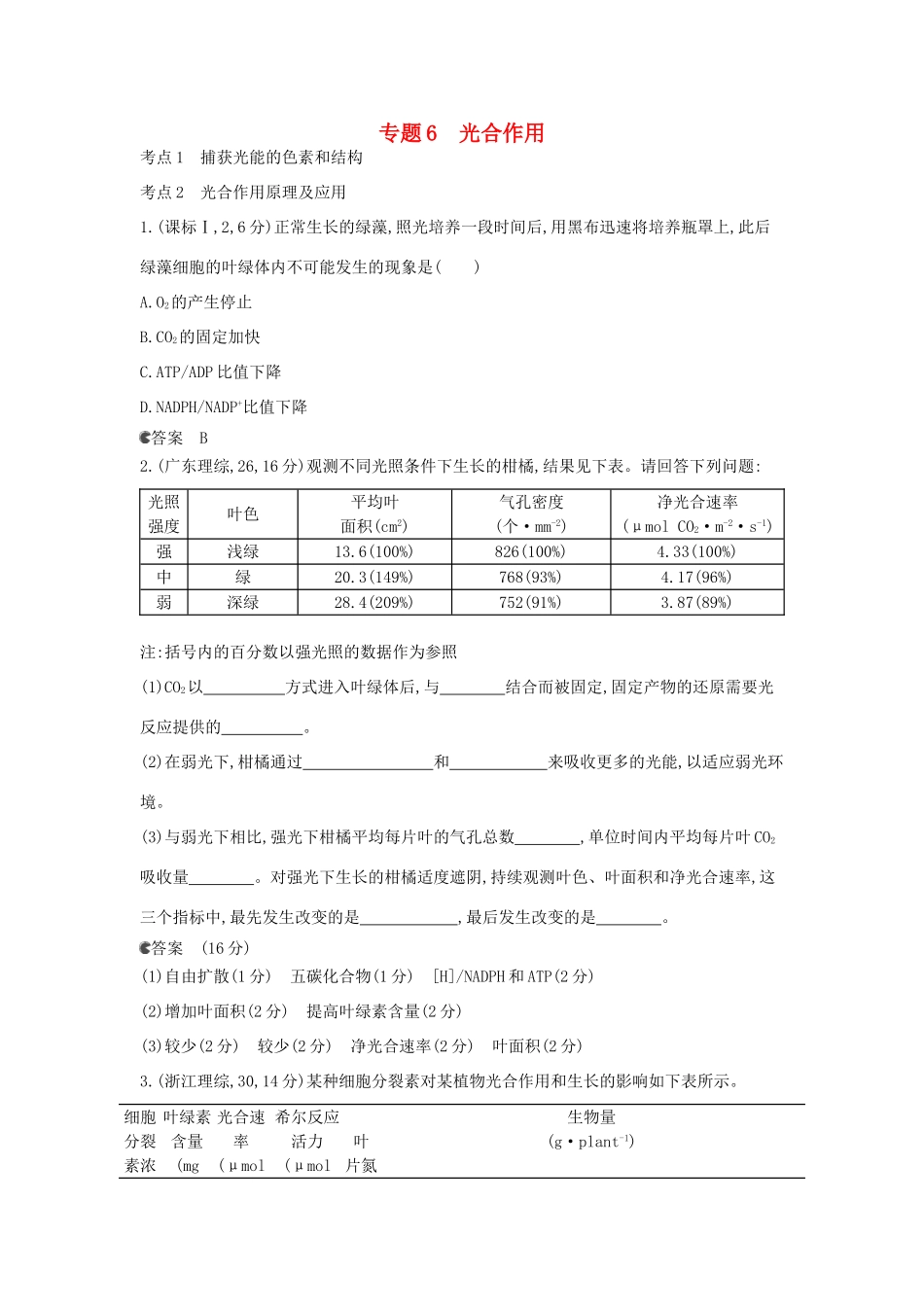（新课标版）高考生物真题分类汇编 专题6 光合作用_第1页