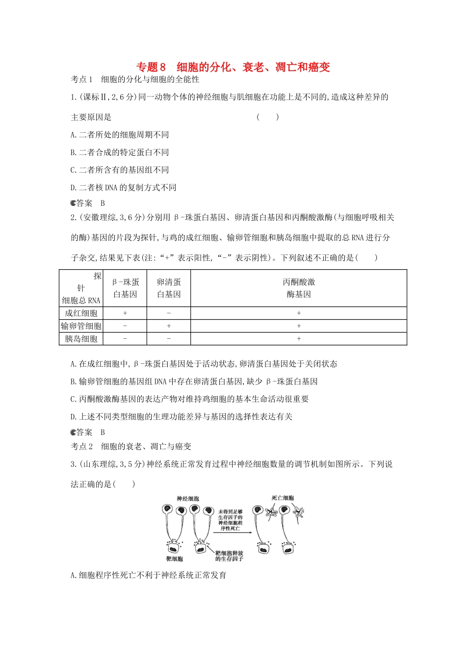 （新课标版）高考生物真题分类汇编 专题8 细胞的分化、衰老、凋亡和癌变_第1页
