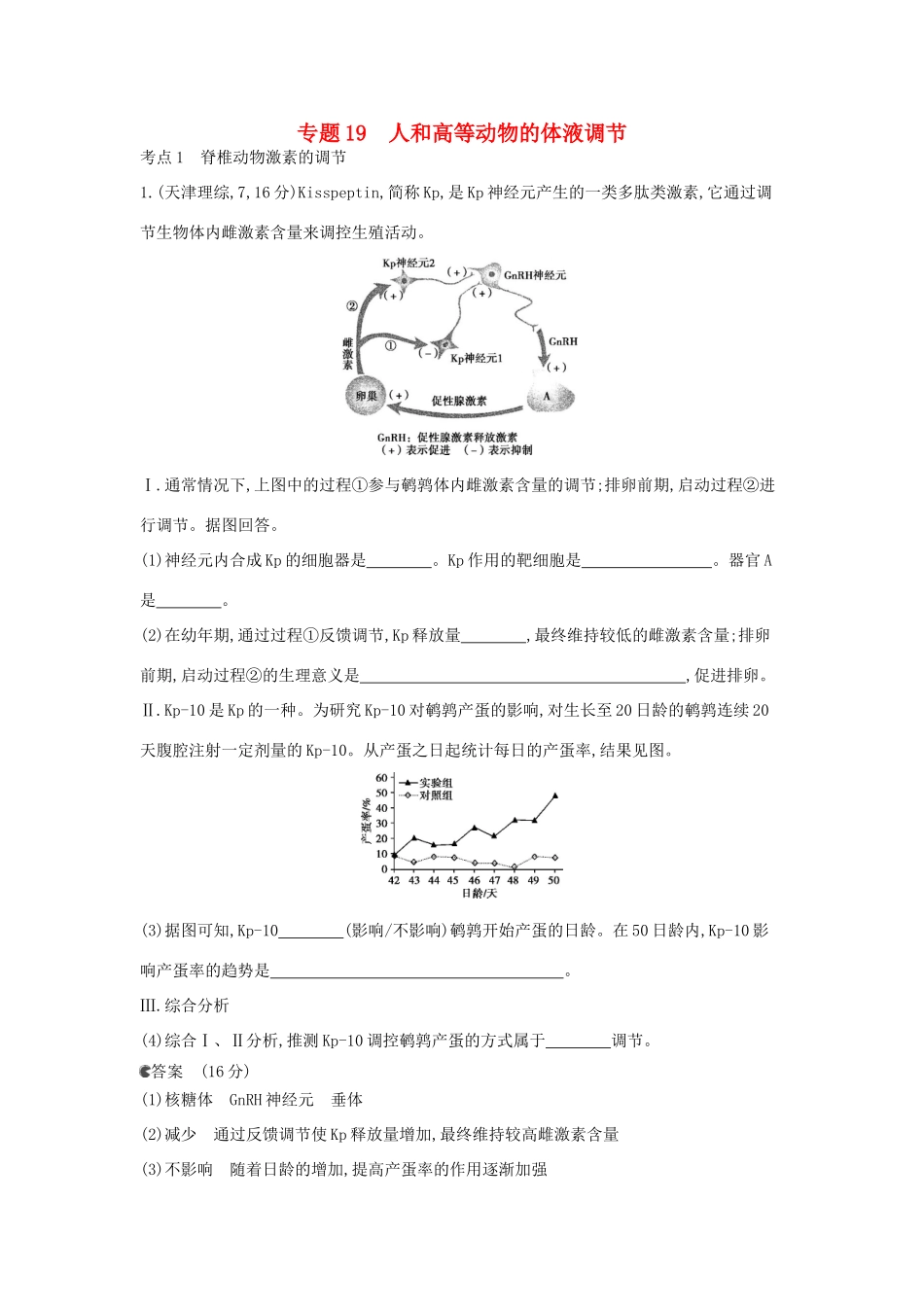 （新课标版）高考生物真题分类汇编 专题19 人和高等动物的体液调节_第1页