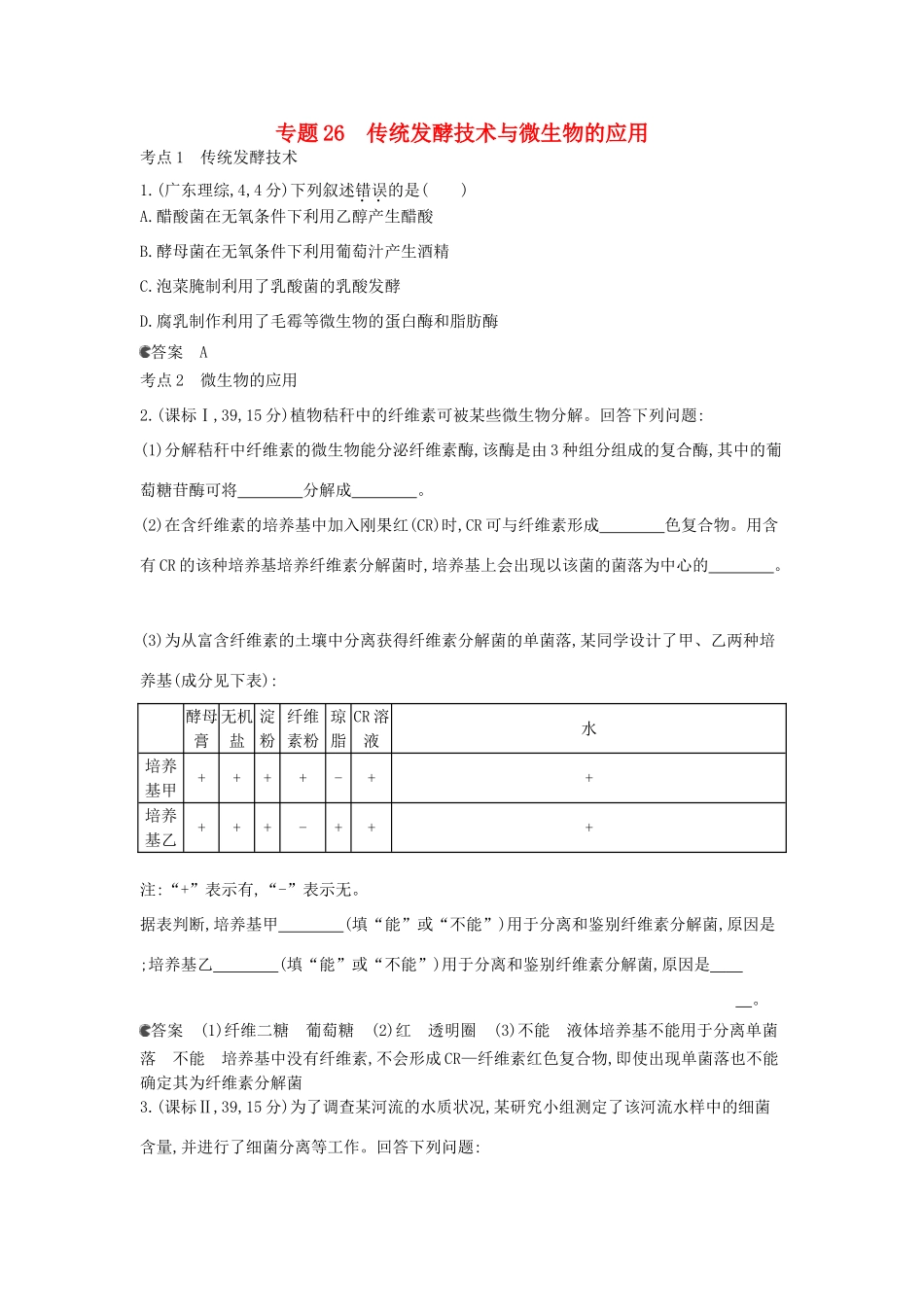 （新课标版）高考生物真题分类汇编 专题26 传统发酵技术与微生物的应用_第1页