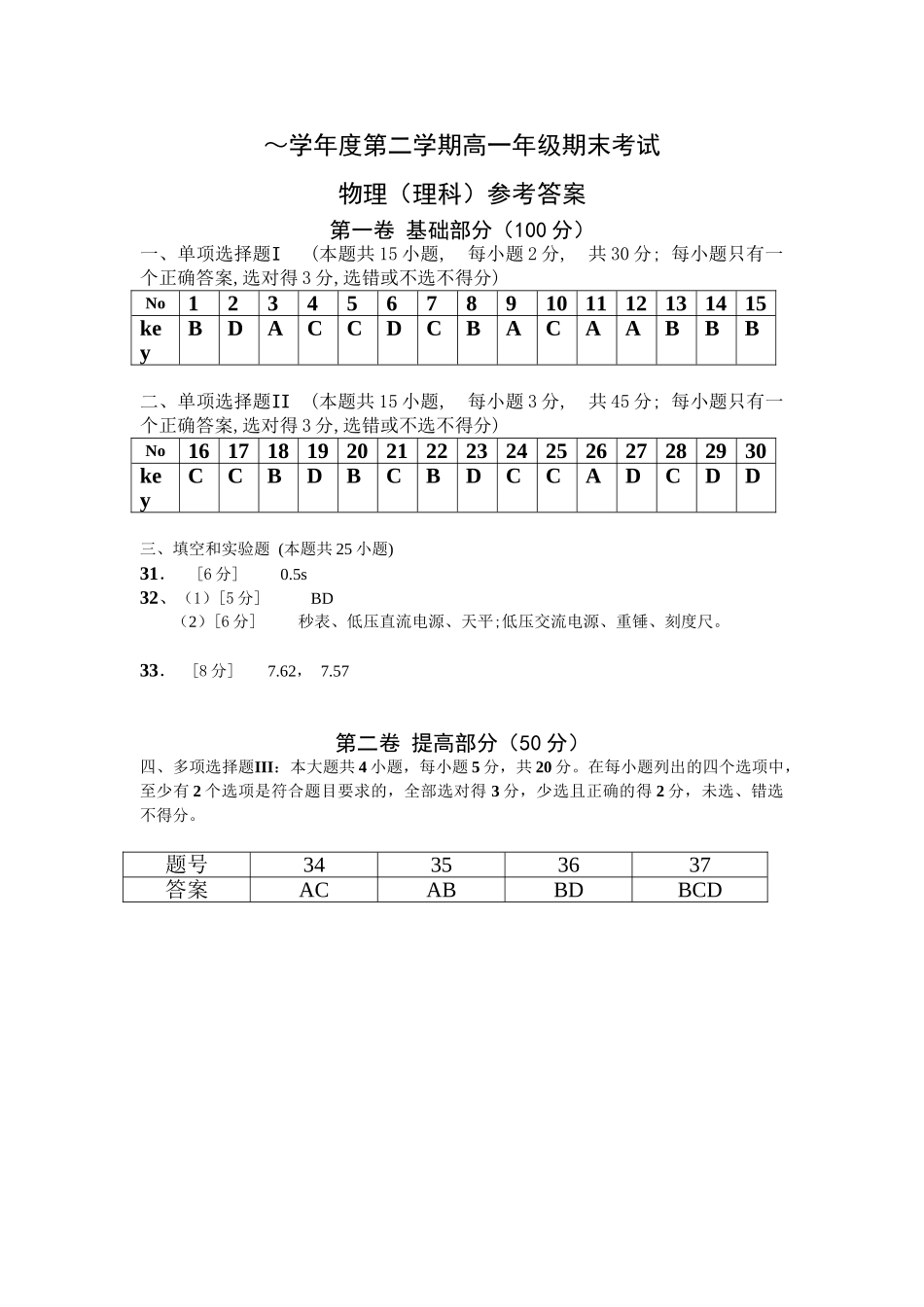 学度第二学期高一级期末考试物理（理科）【答案】_第1页