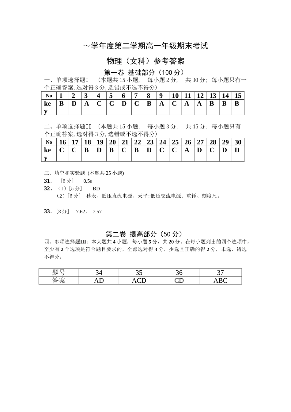 学度第二学期高一级期末考试物理（文科）【答案】_第1页