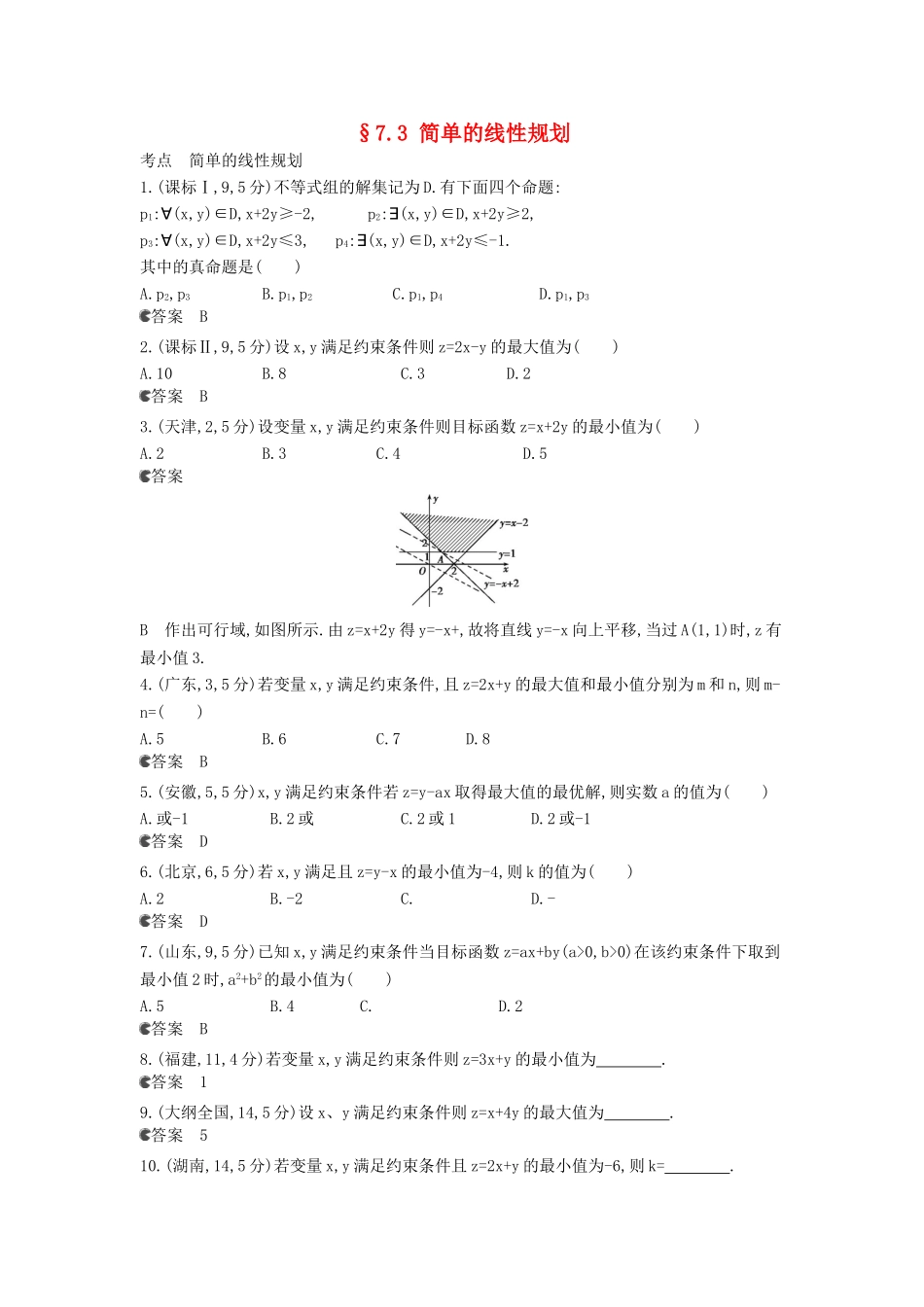（新课标版）高考数学真题分类汇编 7.3 简单的线性规划 理 _第1页