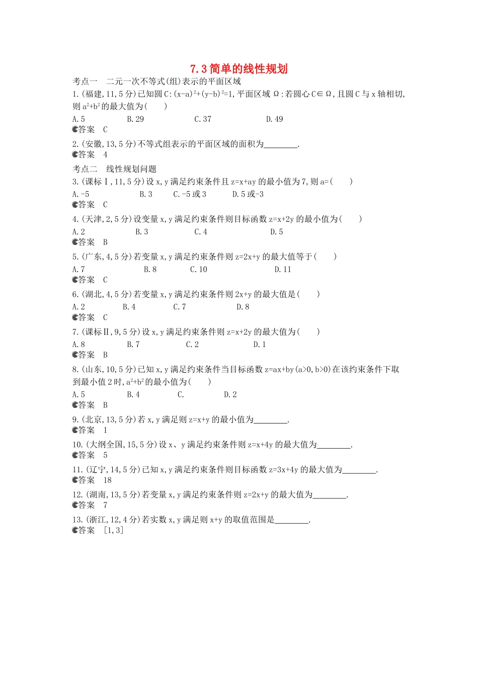 （新课标版）高考数学真题分类汇编 7.3 简单的线性规划 文_第1页
