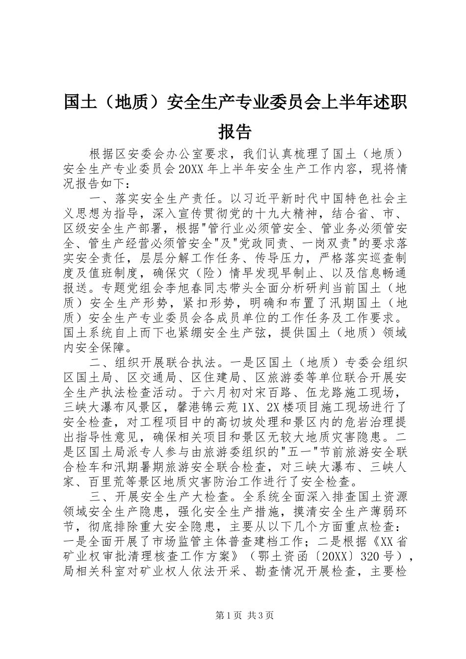 2024年国土安全生产专业委员会上半年述职报告_第1页