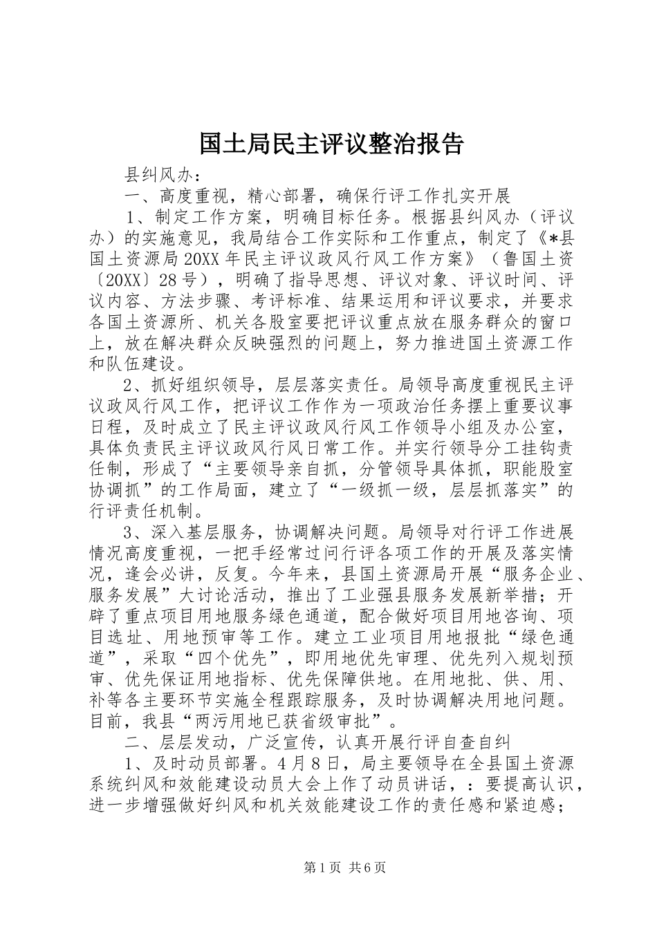2024年国土局民主评议整治报告_第1页