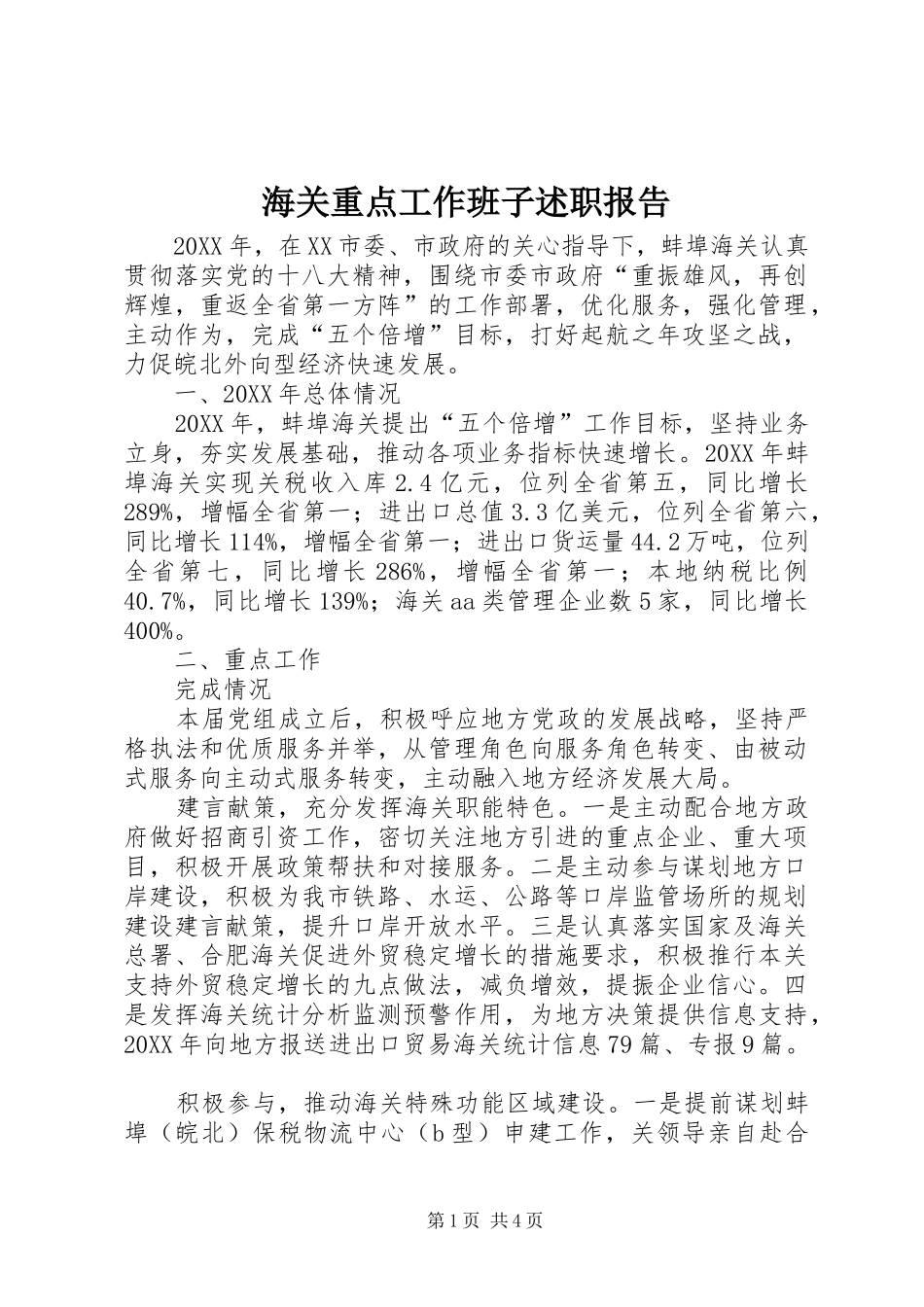 2024年海关重点工作班子述职报告_第1页