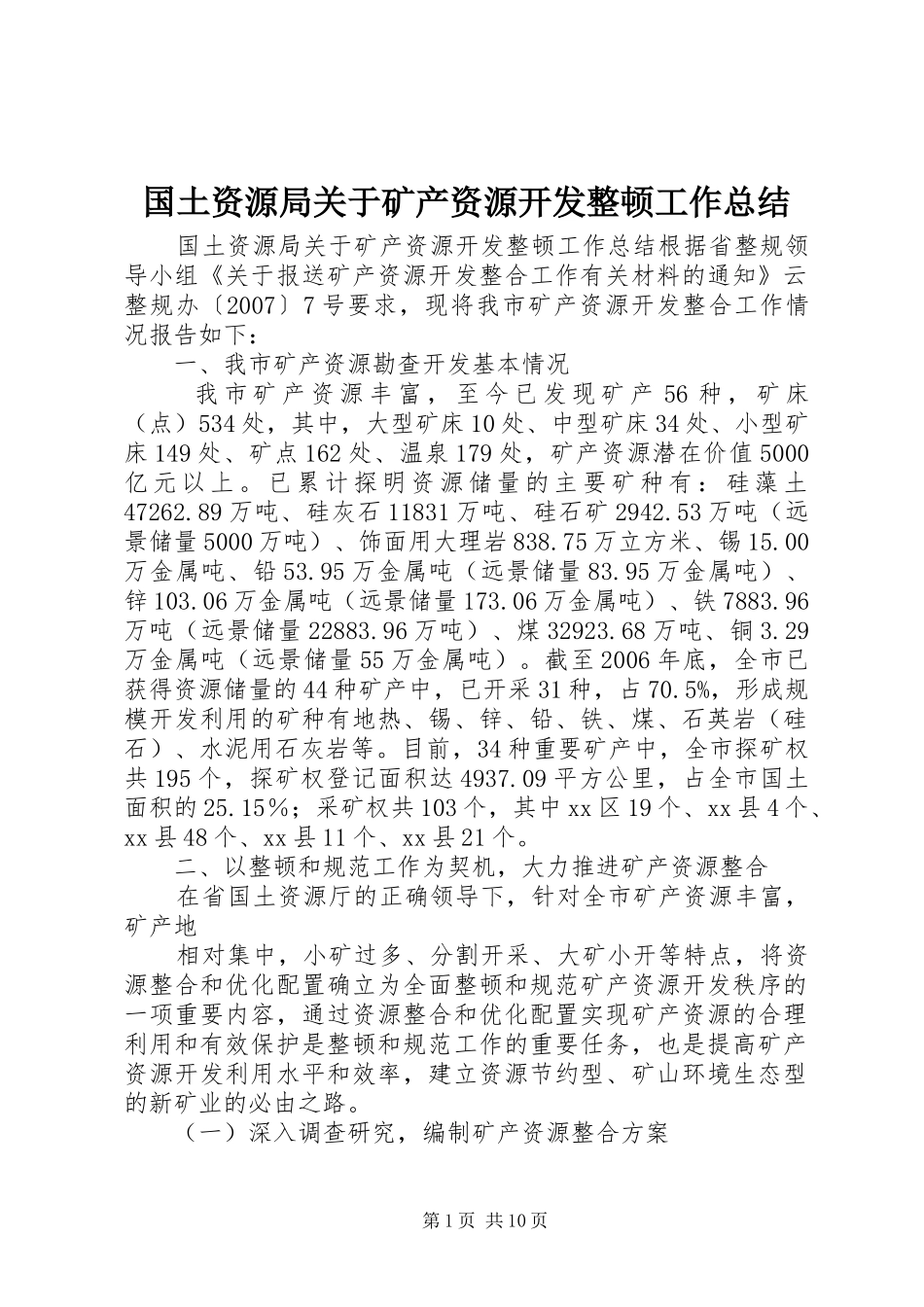 2024年国土资源局关于矿产资源开发整顿工作总结_第1页