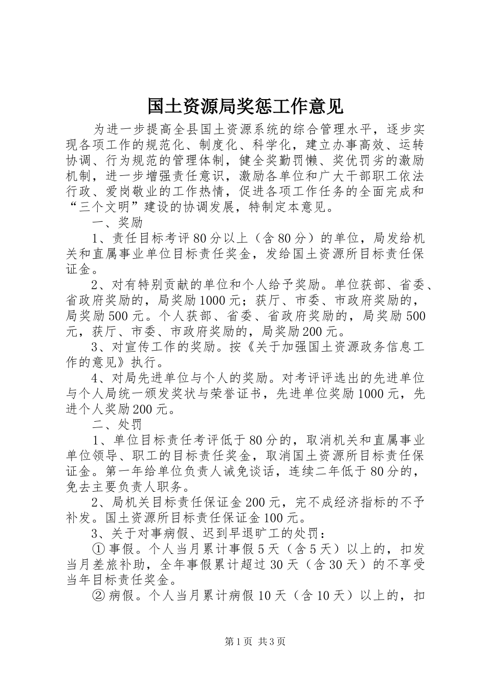 2024年国土资源局奖惩工作意见_第1页