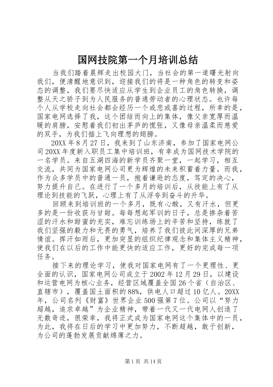 2024年国网技院第一个月培训总结_第1页