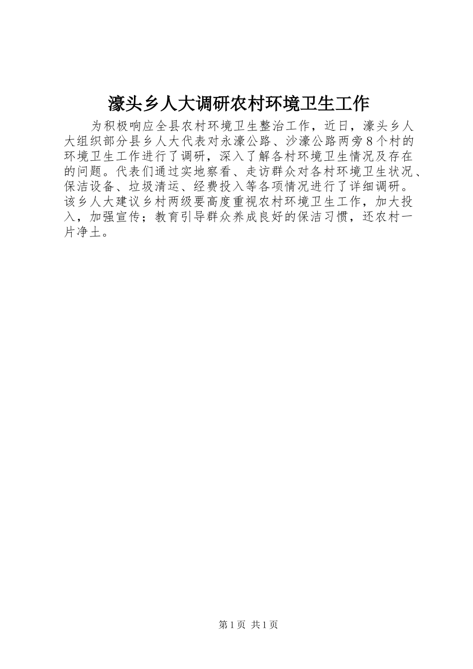 2024年濠头乡人大调研农村环境卫生工作_第1页