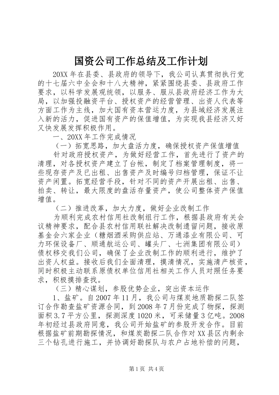 2024年国资公司工作总结及工作计划_第1页