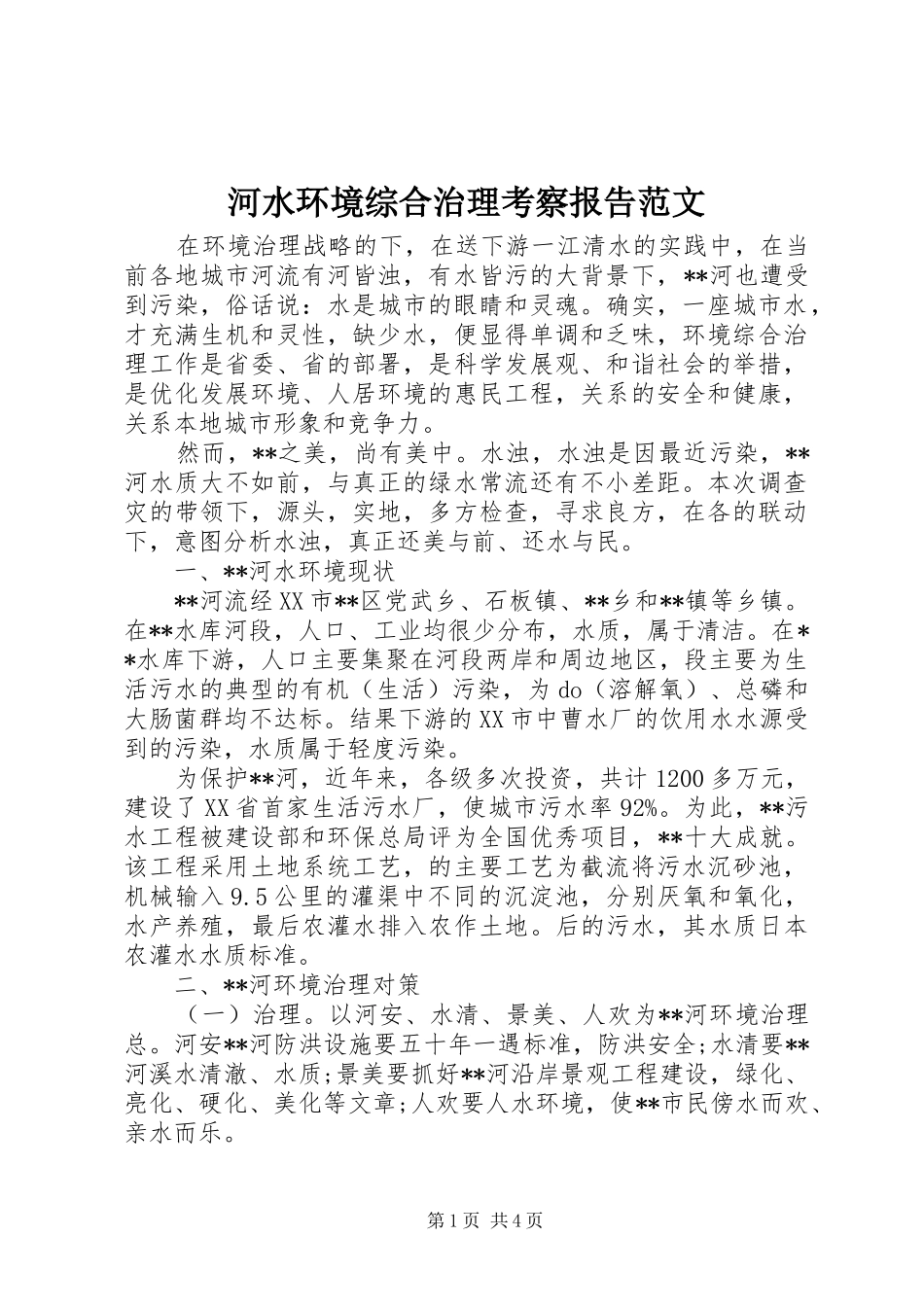 2024年河水环境综合治理考察报告范文_第1页