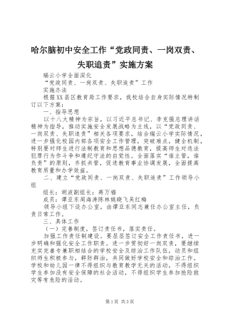2024年哈尔脑初中安全工作党政同责一岗双责失职追责实施方案