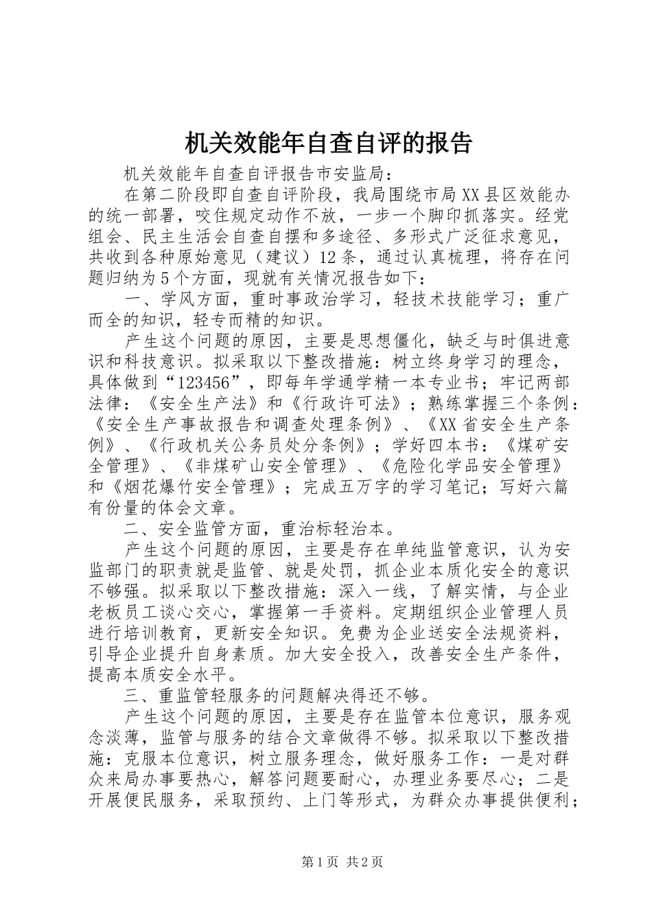 2024年机关效能年自查自评的报告_第1页