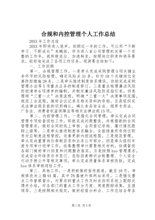 2024年合规和内控管理个人工作总结