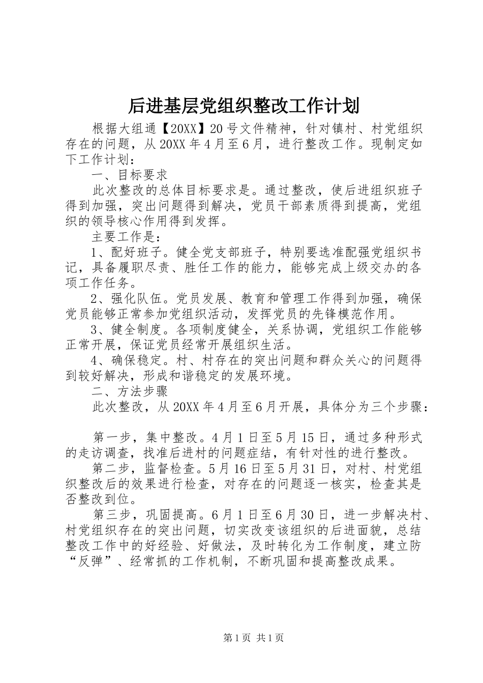 2024年后进基层党组织整改工作计划_第1页