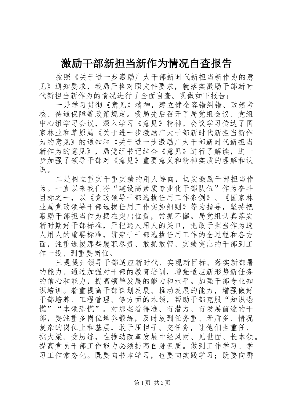 2024年激励干部新担当新作为情况自查报告_第1页