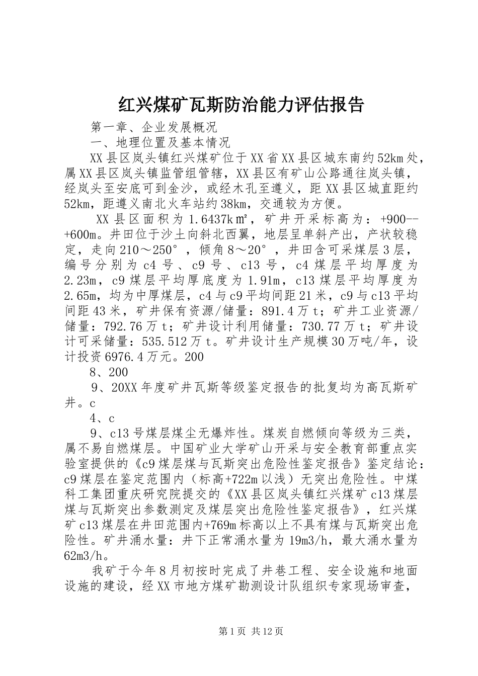 2024年红兴煤矿瓦斯防治能力评估报告_第1页