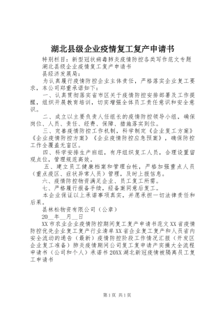 2024年湖北县级企业疫情复工复产申请书