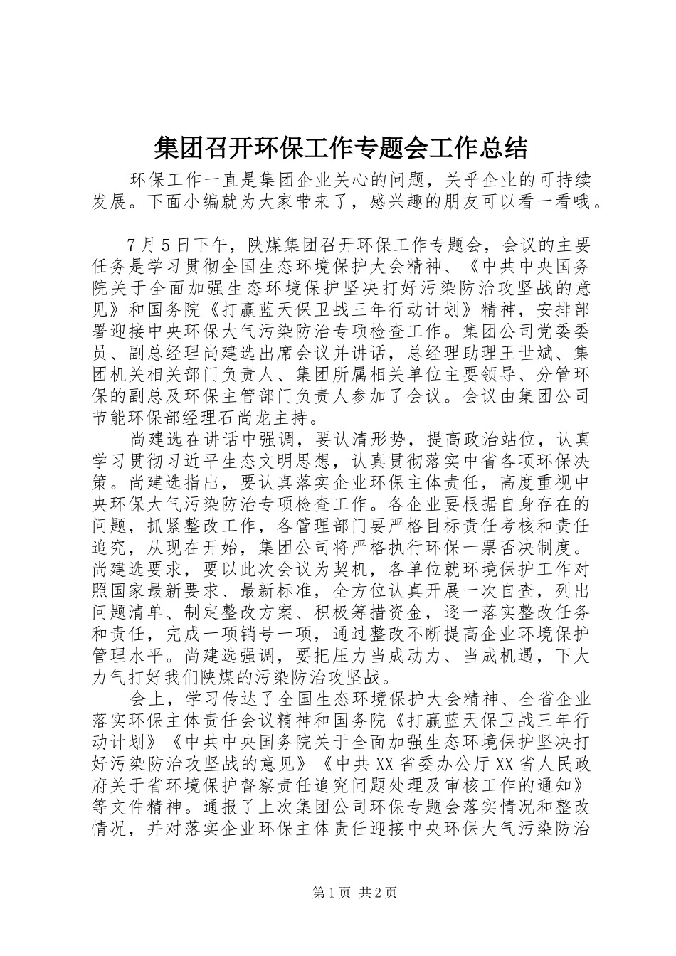 2024年集团召开环保工作专题会工作总结_第1页