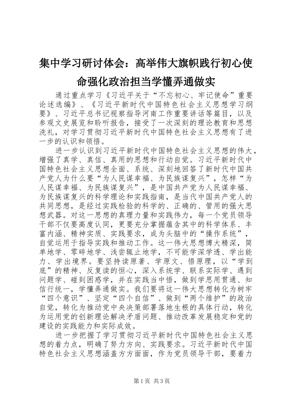 2024年集中学习研讨体会高举伟大旗帜践行初心使命强化政治担当学懂弄通做实_第1页