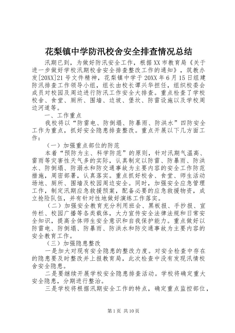 2024年花梨镇中学防汛校舍安全排查情况总结_第1页