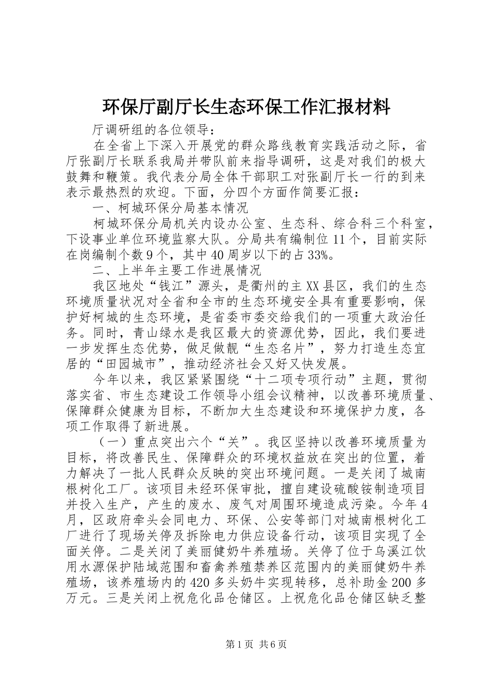 2024年环保厅副厅长生态环保工作汇报材料_第1页