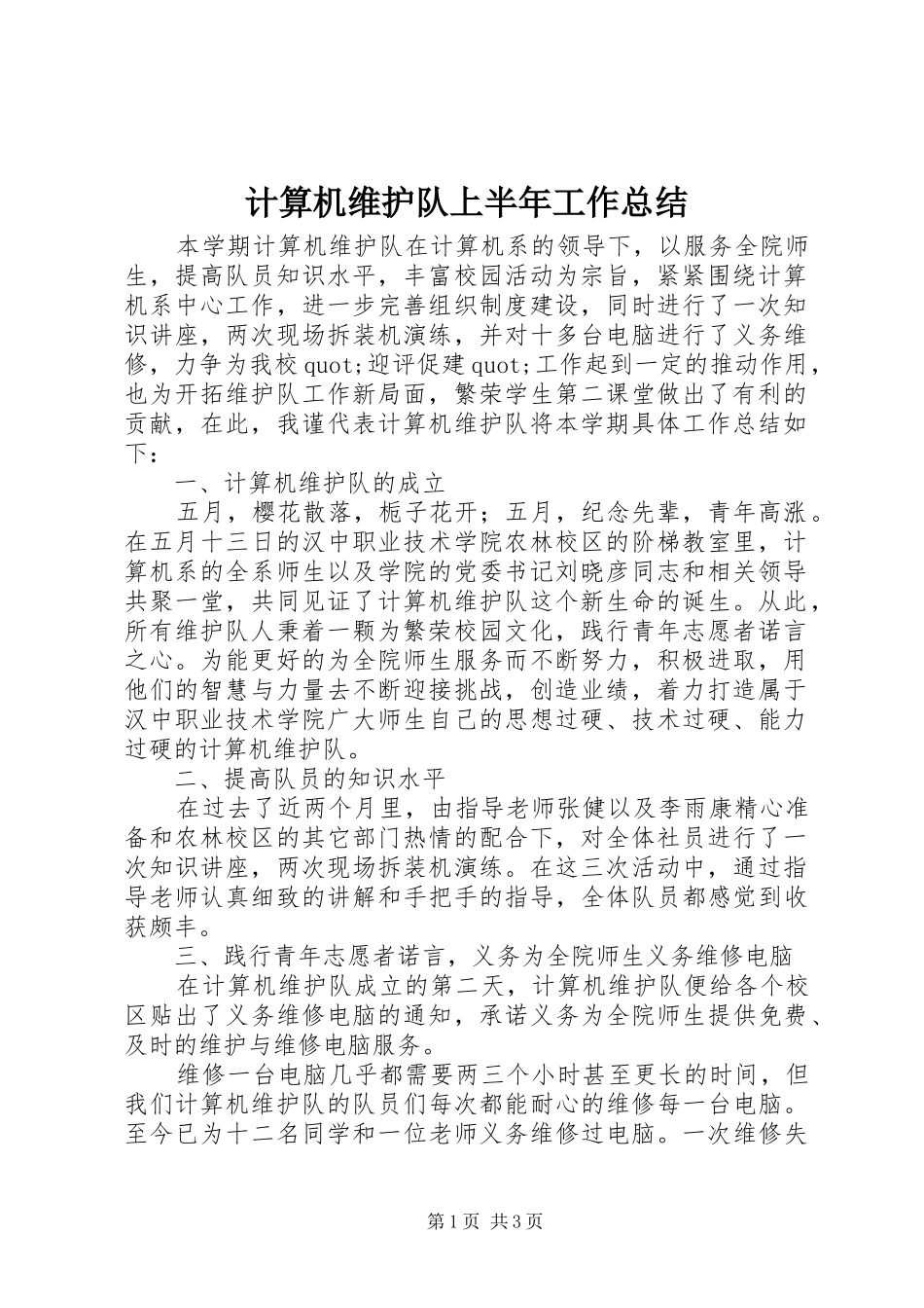 2024年计算机维护队上半年工作总结_第1页