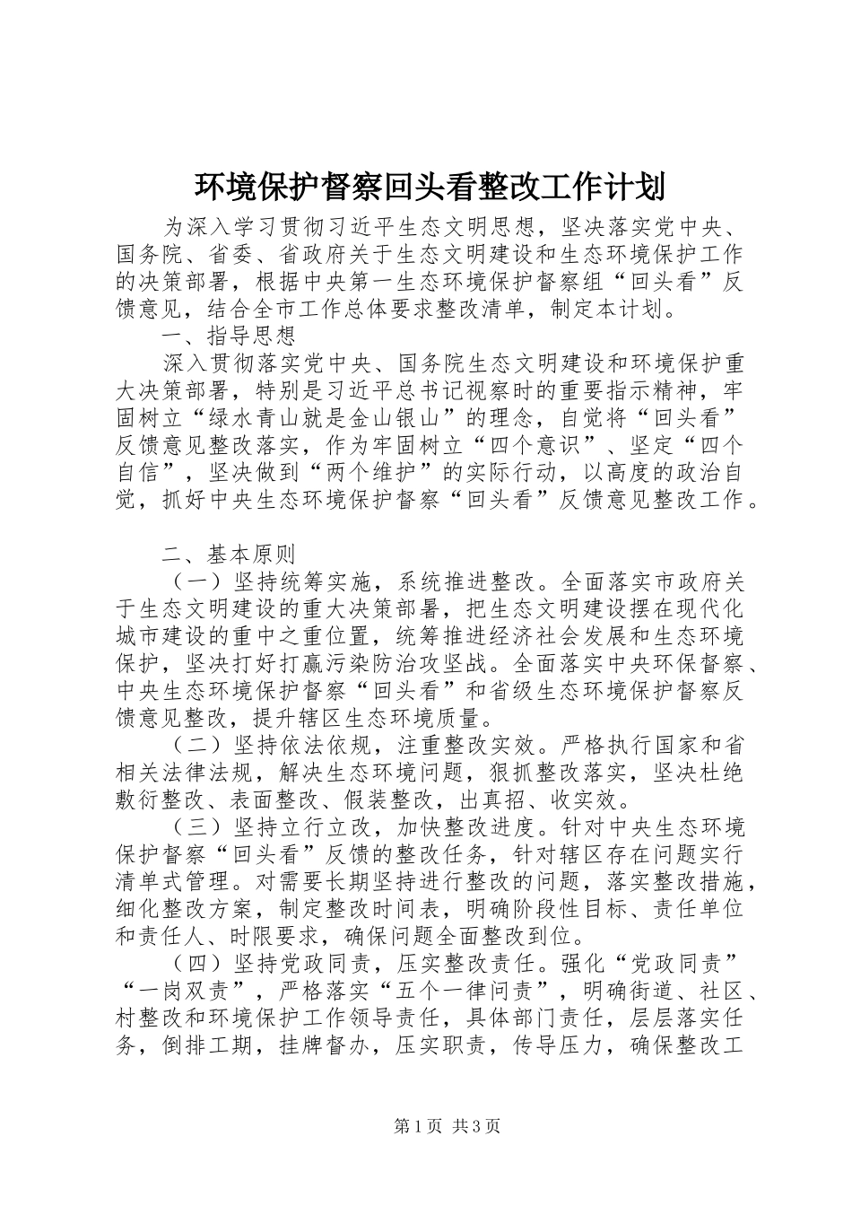 2024年环境保护督察回头看整改工作计划_第1页