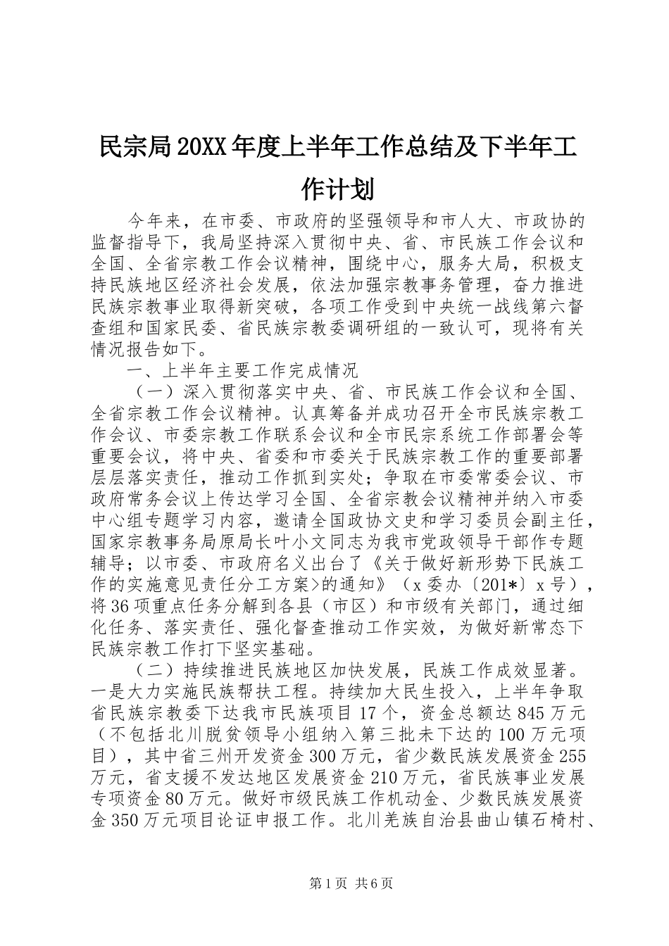 2024年民宗局年度上半年工作总结及下半年工作计划_第1页