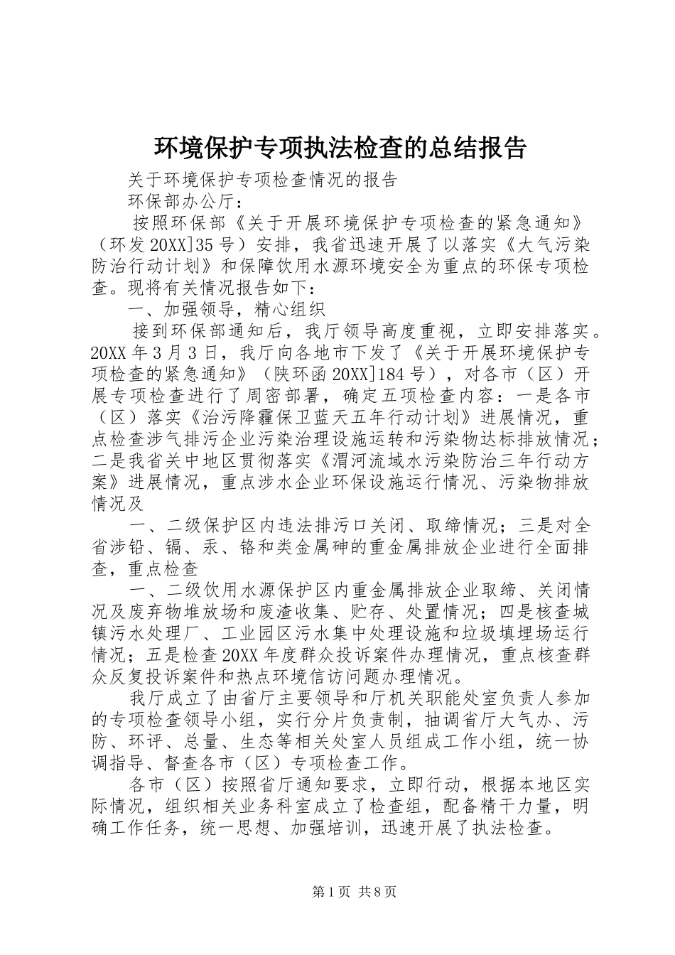 2024年环境保护专项执法检查的总结报告_第1页