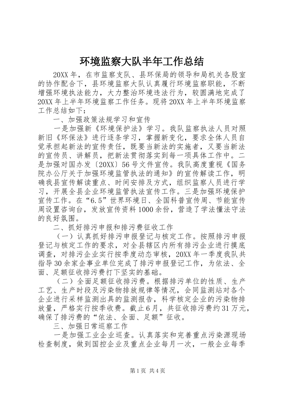 2024年环境监察大队半年工作总结_第1页