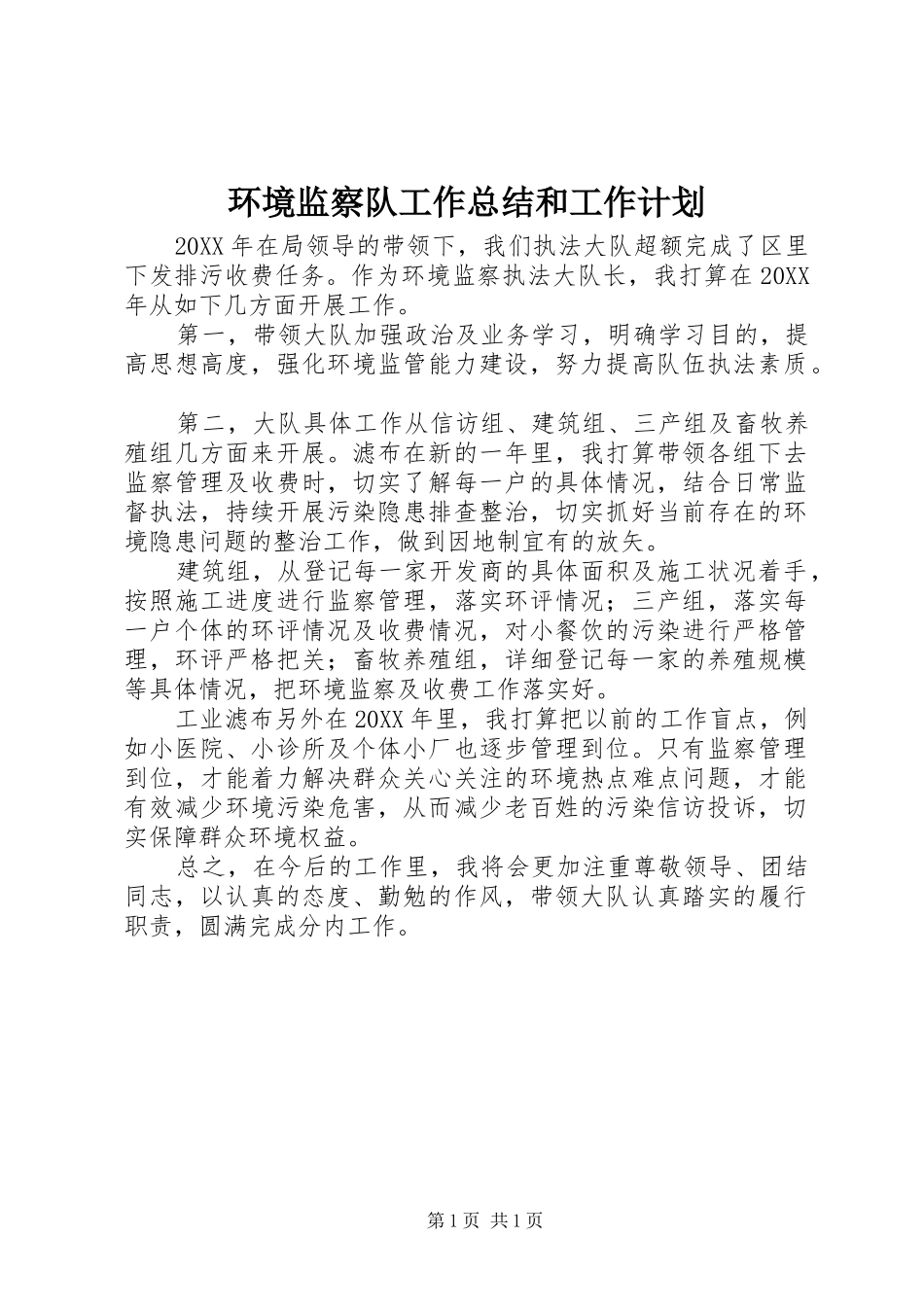 2024年环境监察队工作总结和工作计划_第1页