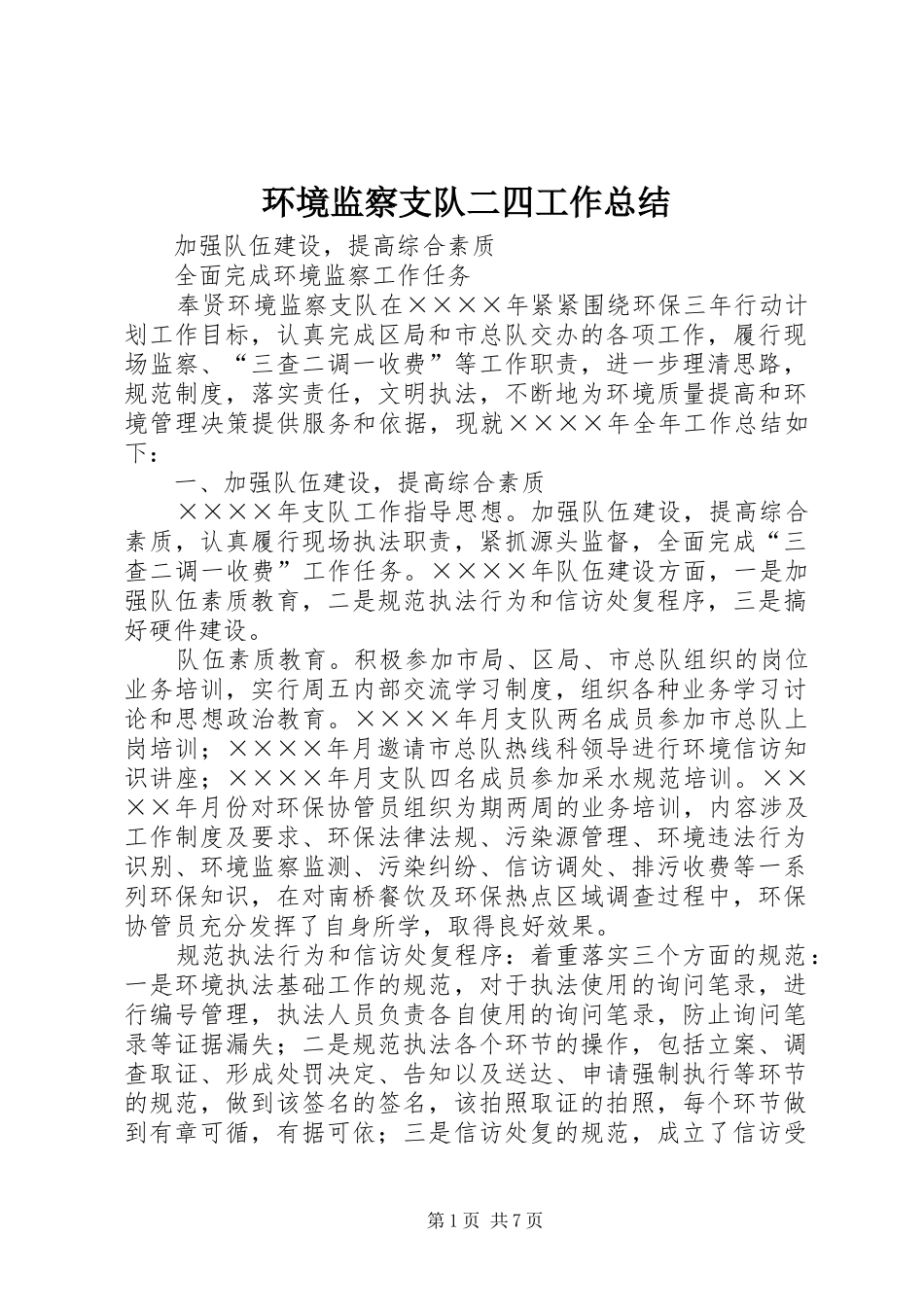 2024年环境监察支队二四工作总结_第1页