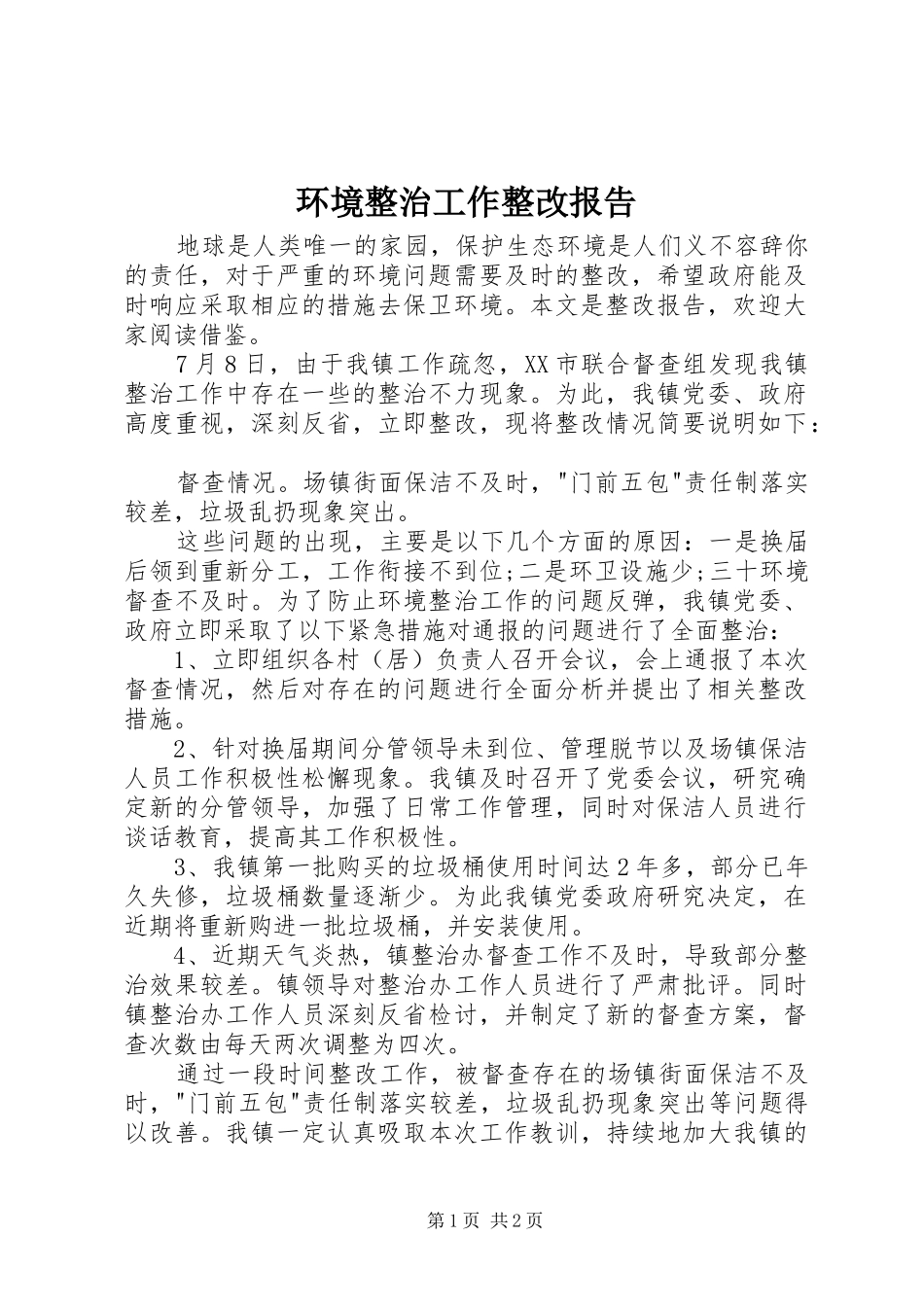 2024年环境整治工作整改报告_第1页