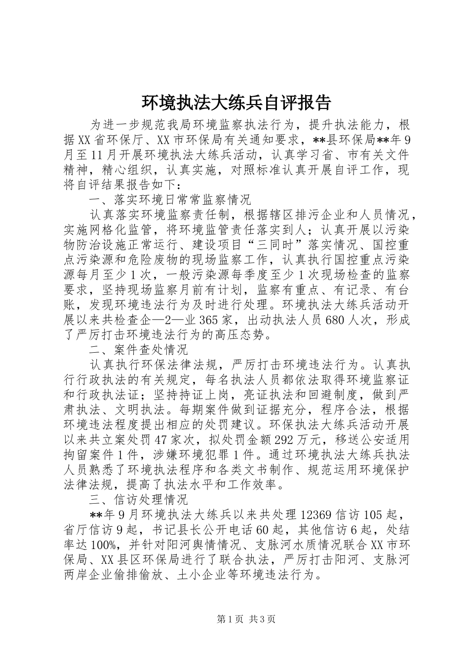 2024年环境执法大练兵自评报告_第1页