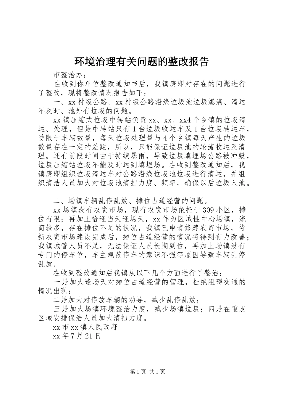 2024年环境治理有关问题的整改报告_第1页
